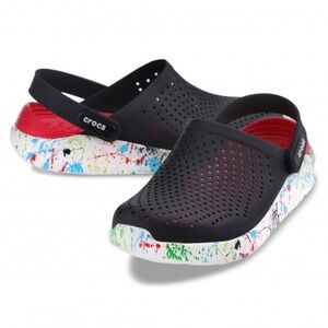 CROCS Black Clog Sandals with Red Footbed and Multicolor Splatter Sole